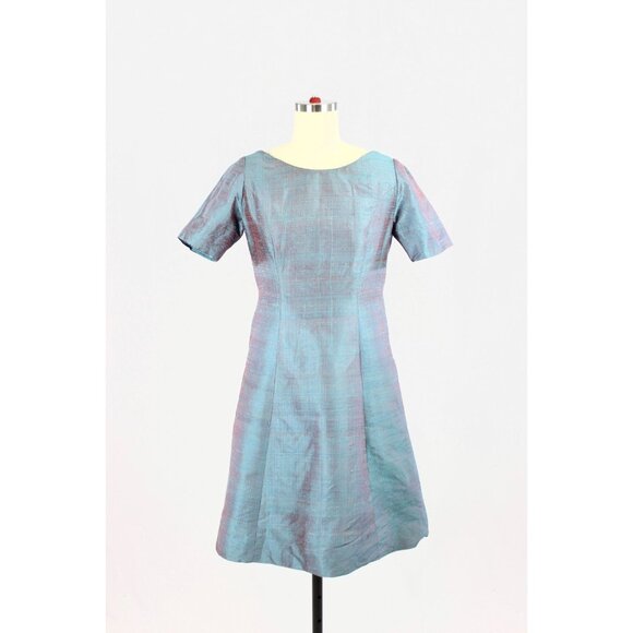 Vintage 60's Unbranded Iridescent Blue Teal Dupioni Silk A-Line Dress, Size S - Picture 1 of 11